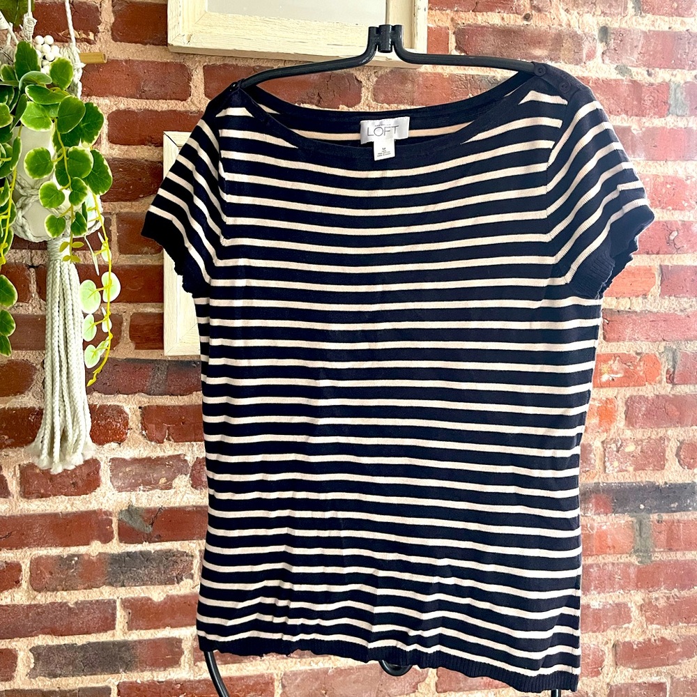SHIRT: Navy and off-white striped top by LOFT. Size M